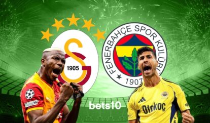 Galatasaray ve Fenerbahçe derbisi afişi: yeşil ışıklarla aydınlatılmış stadyumda havai fişekler eşliğinde, Galatasaray ve Fenerbahçe logoları önünde sevinç yaşayan iki futbolcu, spor görseli